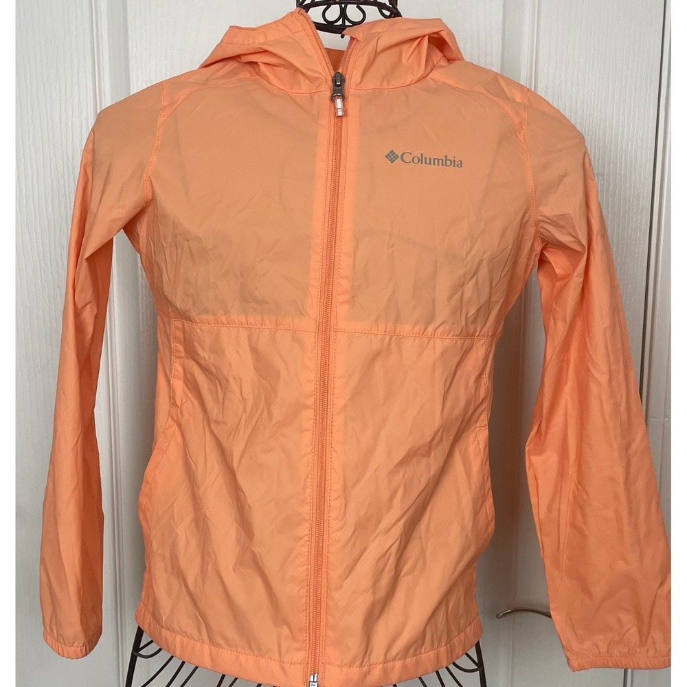 Columbia Girls Orange Hooded Windbreaker Rain‎ Jacket Medium 10 / 12 Kids Youth
